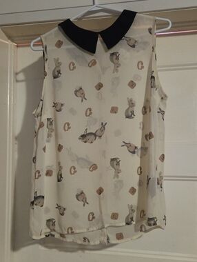 Sleeveless Cream Bunny Print Top with Black Peter Pan Collar